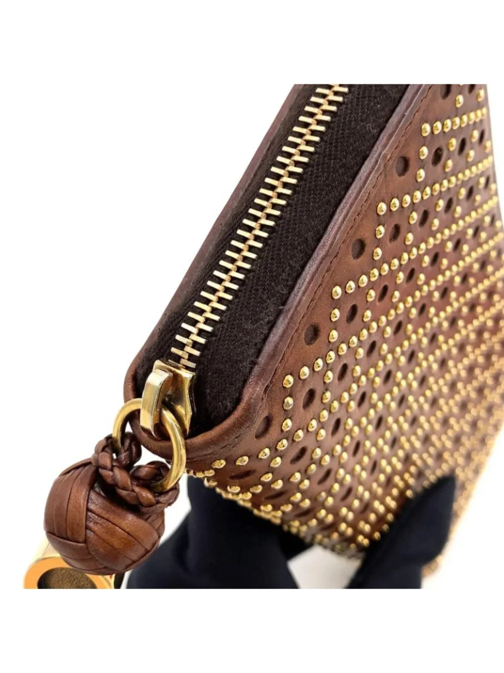 Gucci Woven Web Zip Around Leather Brown Wallet Gold - Picture 10 of 15